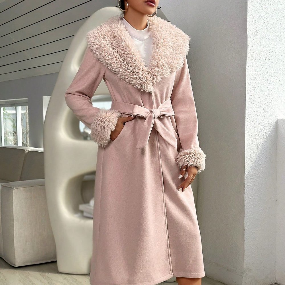 Dusty Pink Preppy Womens Borg Collar Belted Overcoat - Picture 3 of 4